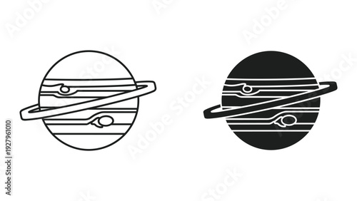 Saturn Planet Icon with Ring, Line Art and Silhouette, Isolated on White Background