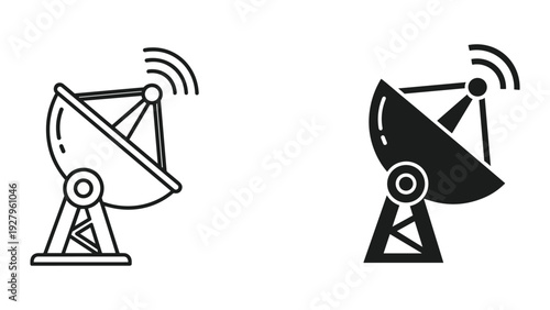 Satellite Dish Antenna Icons - Black and White Line Art and Silhouette