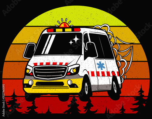 Emergency Medical Services Ambulance Retro Vintage Sunset T-Shirt - printable editable vector art file.