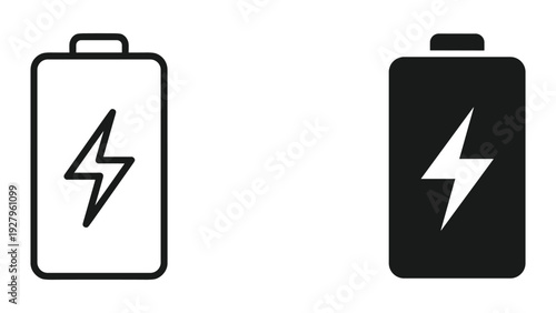 Battery icon with lightning bolt, representing charging, power, and energy. Includes outline and solid versions.