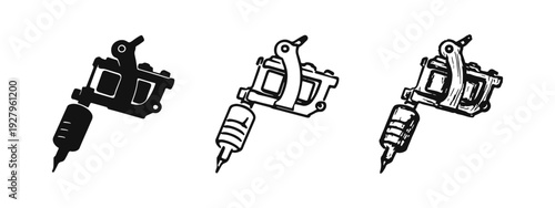 Tattoo machine vector icons set. Hand-drawn professional tattoo equipment in solid, outline, and sketch styles.