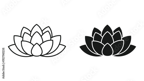 Lotus Flower Icon Set: Outline and Silhouette Vector Graphics