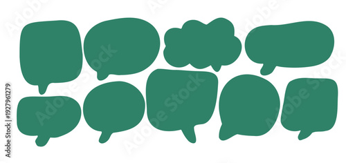 Green speech thought bubble with rounded, organic shapes in hand-drawn vector style. Flat design element cloud, oval, rectangle are blank, serving as conversation frame, sticker, text label. Doodle