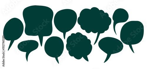 Green speech thought bubble in simple, hand-drawn vector style. Organic abstract shapes cloud, rounded, amoeba. Blank conversation frames isolated on a white background,  eco-related graphic