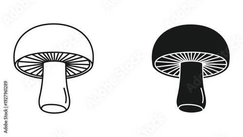 Mushroom icon set, line art and silhouette, isolated on white background