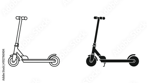 Line Art and Silhouette Icons of Scooters - Black and White Vector Illustrations