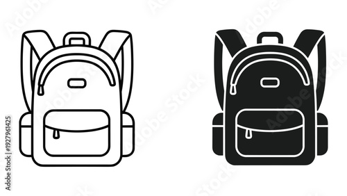 Icon Set: Outline and Silhouette Backpacks - Front View, Vector Graphics