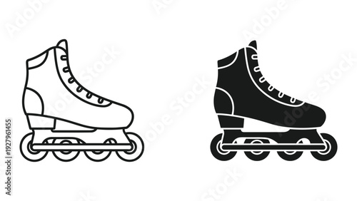 Inline Skates and Roller Skates Icons: Black and White Line Art and Silhouette