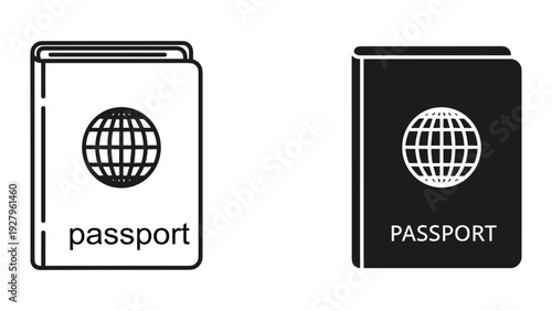 Passport icons: Black and white outline and solid fill versions with globe symbol and text