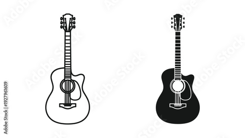 Acoustic Guitars Silhouette and Outline, Isolated on White Background