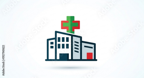 Medical building icon with red and green cross on top symbolizing healthcare and hospital services