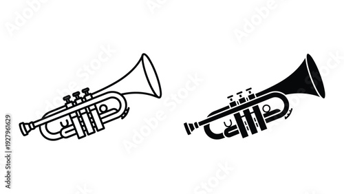 Two Trumpets Icons: Line Art and Silhouette, Isolated on White Background, Music Instrument Concept