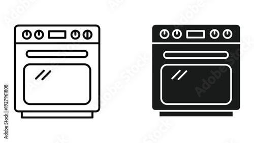 Kitchen Stove Oven Icons Set - Line and Solid Black Vector Illustrations