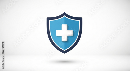 Blue shield with white cross symbol on grey background representing protection and medical care