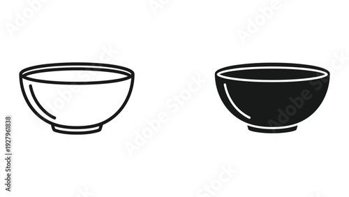 Bowl Icon Set: Outline and Solid Black Versions on White Background