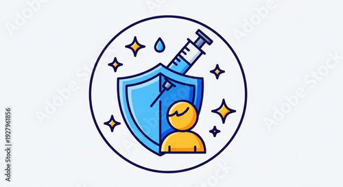 Immunization concept with shield and syringe protecting a person