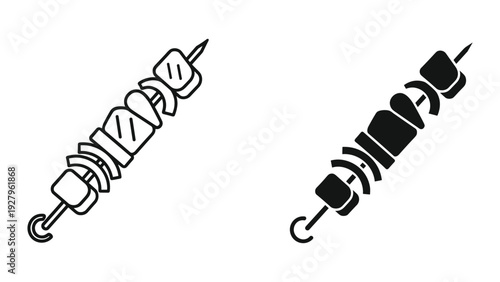 Set of Skewer Icons: Line Art and Solid Silhouette of Meat and Vegetable Kebab