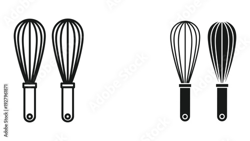 Pair of Black and White Whisk Icons, Outline and Solid Silhouettes, Isolated on White Background