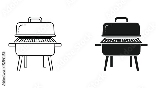 Grill Icons: Line Art and Silhouette of Outdoor BBQ Grills on White Background