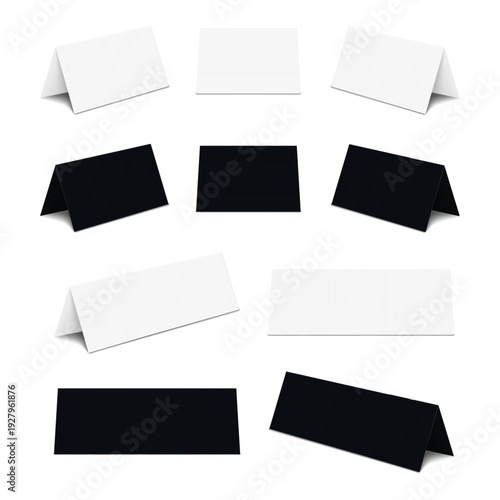 Half fold landscape blank paper sheet. Front, half turn view. Black, white. Vector mockup set. Greeting card, desk name plate, invitation, business leaflet. Realistic mock-up. Template for design