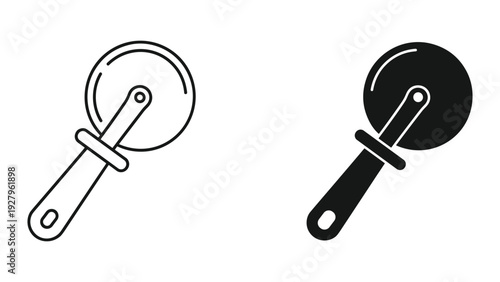 Pizza Cutter Icon Set: Black and White Line Art and Silhouette Style