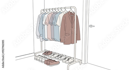 Simple line drawing of clothing rack with shirts and shoes.