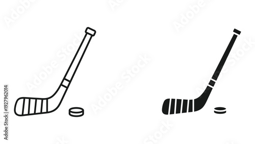 Hockey Stick and Puck Icons: Line Art and Solid Silhouette for Sports Design