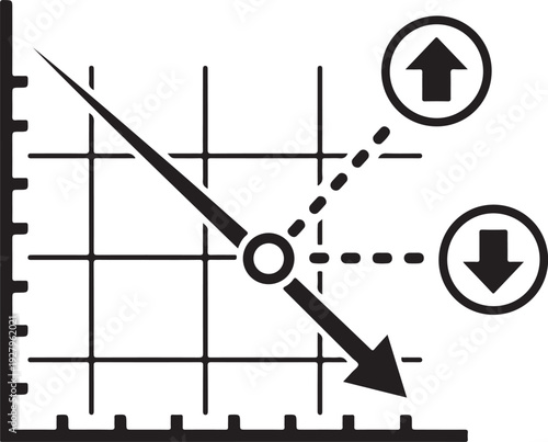 Line graph showing a downward trend with arrows indicating decrease and potential increase, finance concept