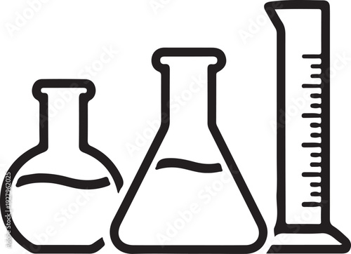 Laboratory glassware set including erlenmeyer flask round bottom flask and graduated cylinder for chemical research and scientific experiments in medical study facilities