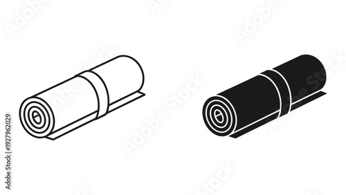 Yoga Mat and Exercise Mat Icons Set, Rolled Up Sports Equipment, Line Art and Silhouette