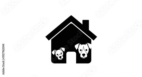 Two dogs peeking out from a black house silhouette with white details on a plain background