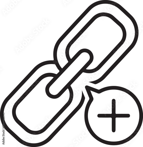 Linked chain with a plus symbol in speech bubble representing connection and adding link concept for web design