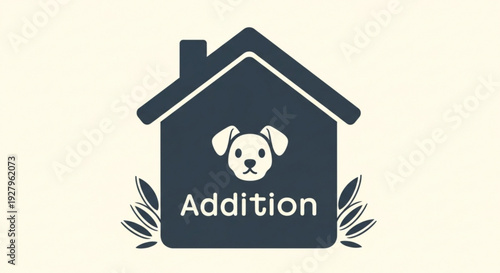 Dark blue house icon with dog face and addition text for pet friendly home or real estate concept