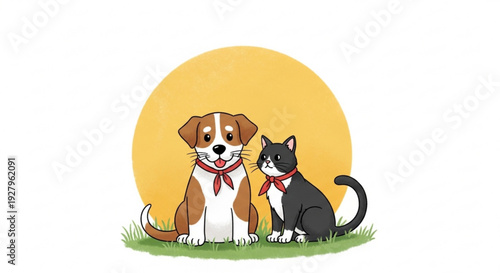 Friendly dog and cat sitting together on grass with red scarves at sunset