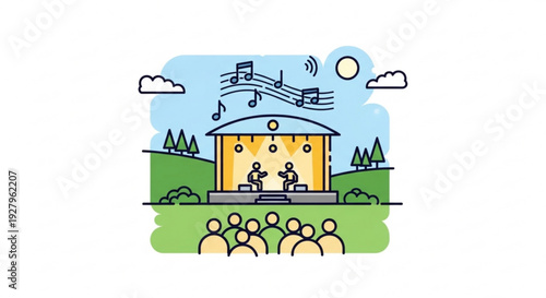Outdoor music concert with audience and musicians on stage in a park on a sunny day