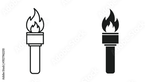 Two torches with flames burning brightly in black and white