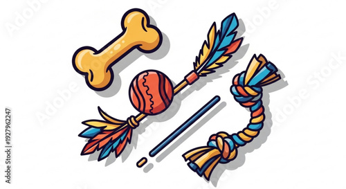 Colorful dog toys and bone on white background pet accessories fun playful items