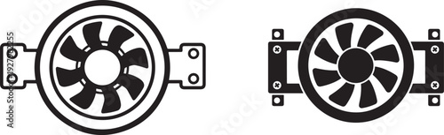 Modern computer cooling fan icons and hardware component symbols for tech repair services and system building illustrations isolated on gray transparent background set