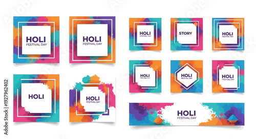 Colorful Holi Festival Day social media templates with vibrant pink, purple, and orange designs on a white background