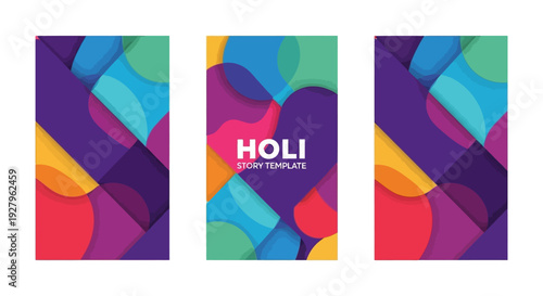 Vibrant Holi Festival Day social media templates with colorful geometric shapes and pink, purple hues on a white background