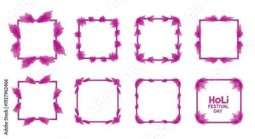 A colorful Holi Festival Day social media template featuring pink and purple borders and layouts for Instagram posts and stories