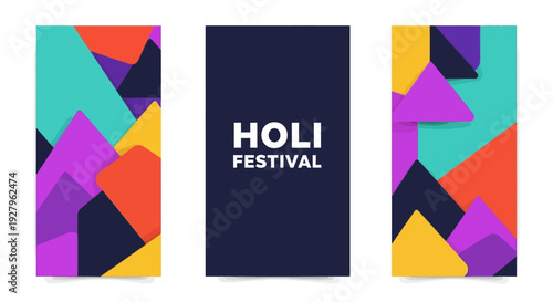 Vibrant Holi Festival Day social media template with colorful geometric shapes and bold design on a white background