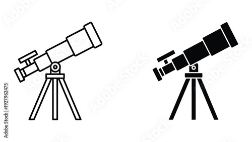 Telescopes for stargazing and astronomy in black and white