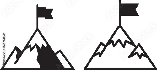 Mountain peak summit with flag representing business success and personal achievement goals shown through black silhouette and line art icons for leadership inspiration