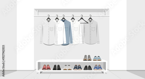 Modern minimalist clothing store display with shirts and shoes.