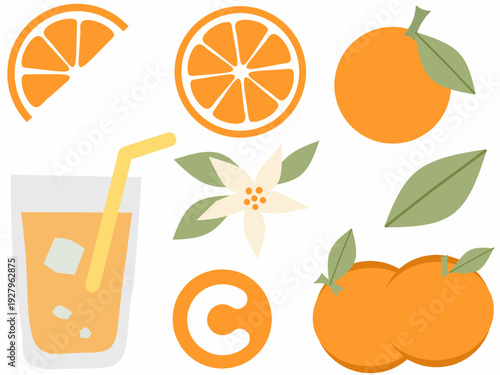 Minimal flat orange citrus set with fruit, slice, juice, leaf, flower and vitamin C symbol