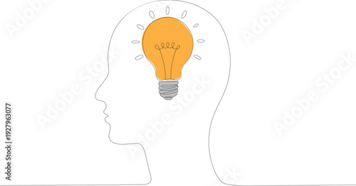 Creative idea line drawing of human head with glowing light bulb, Business idea line art