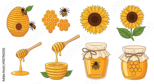 Honeybees sunflowers honeycomb and honey pots in a bright colorful illustration silhouette