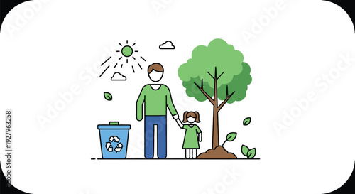 Family planting a tree with recycling bin simple illustration silhouette