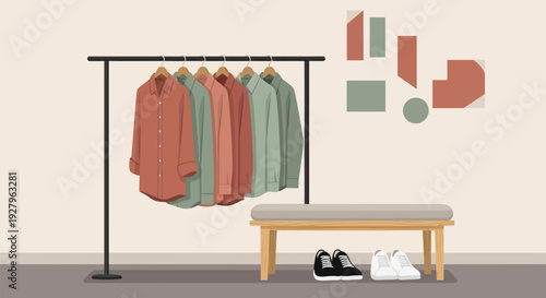 Clothing rack with shirts and shoes on a bench in a minimalist room.